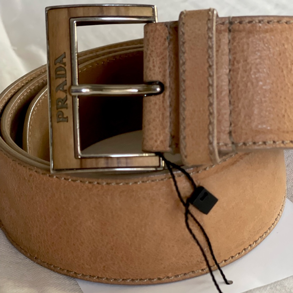 Leather Prada Belt - tan leather, wood grain and metal buckle
